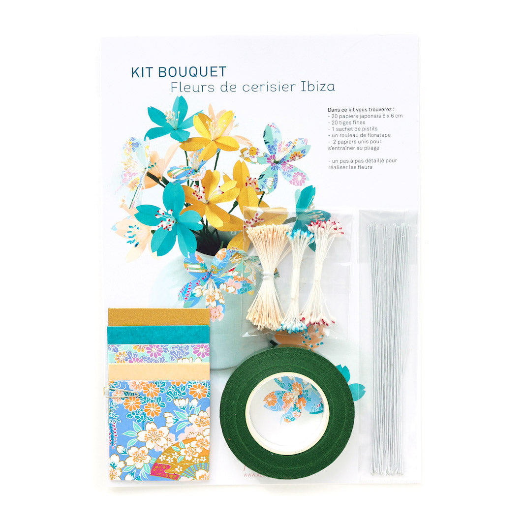 photo packshot du packaging du kit fleurs de cerisier bleu canard, vert d'eau rose pêche et or jaune « ibiza » adeline klam