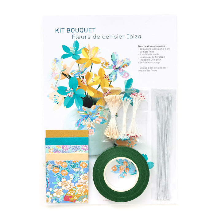 photo packshot du packaging du kit fleurs de cerisier bleu canard, vert d'eau rose pêche et or jaune « ibiza » adeline klam