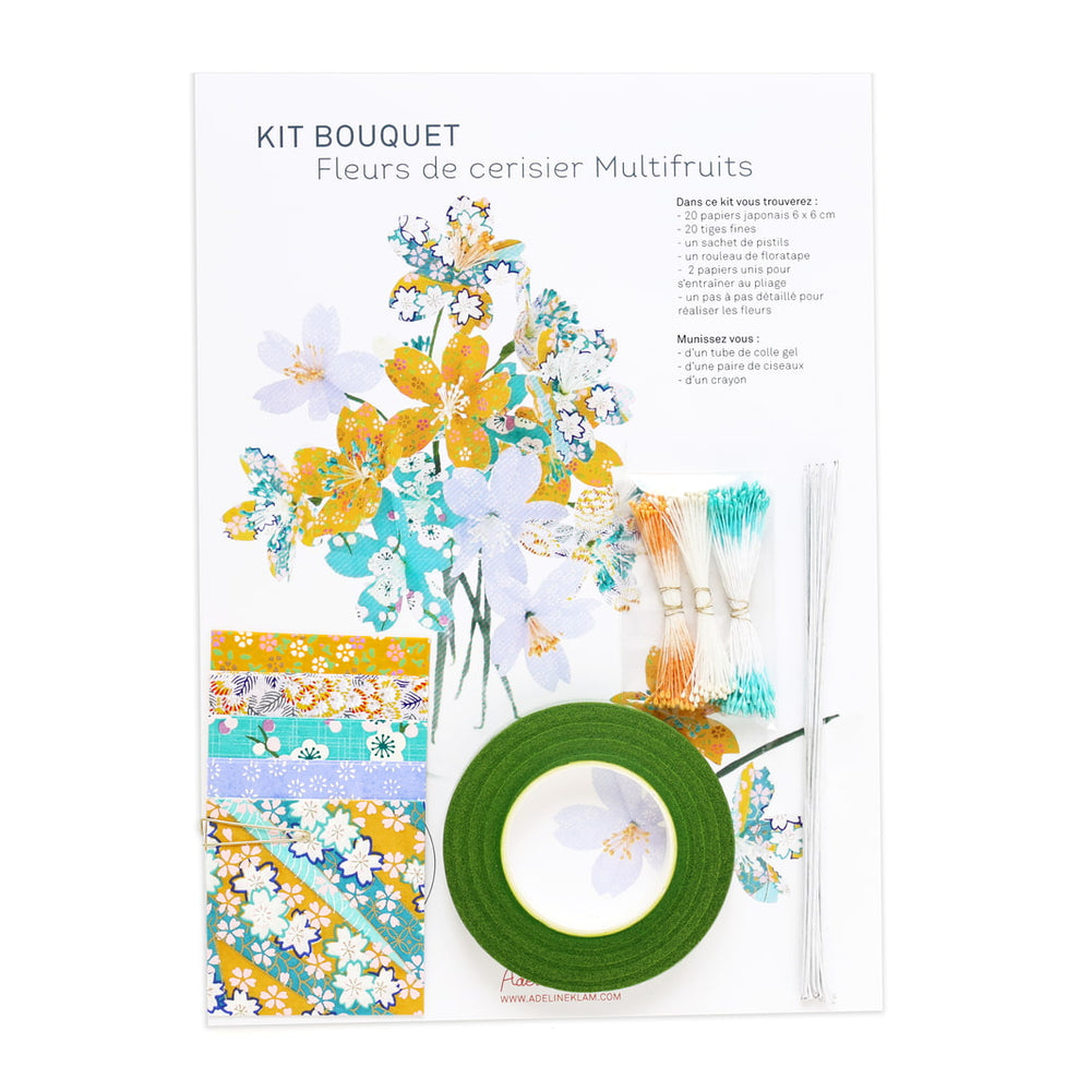 photo packshot du packaging du kit fleurs de cerisier bleu lavande, jaune moutarde et bleu turquoise « multifruits » adeline klam