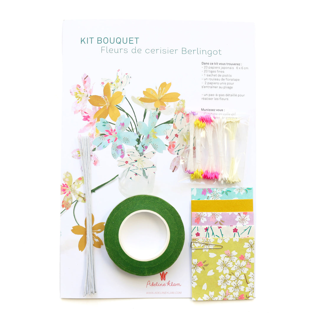 photo packshot du packaging du kit bouquet de fleurs de cerisier dans les tons violet lilas, dorés et orange fluo « baya » adeline klam