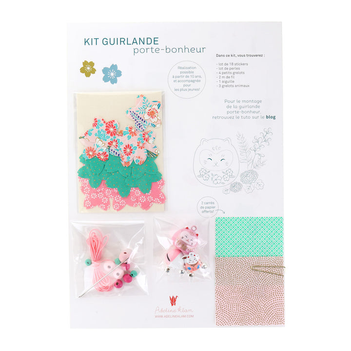photo packshot du packaging du kit guirlande porte-bonheur rose clair et moyen, vert menthe « roudoudou » adeline klam