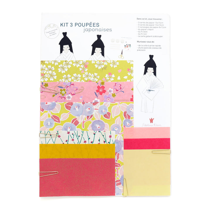 photo packshot du packaging du kit poupées japonaises « iris » dans les tons jaunes, violet lilas et roses adeline klam