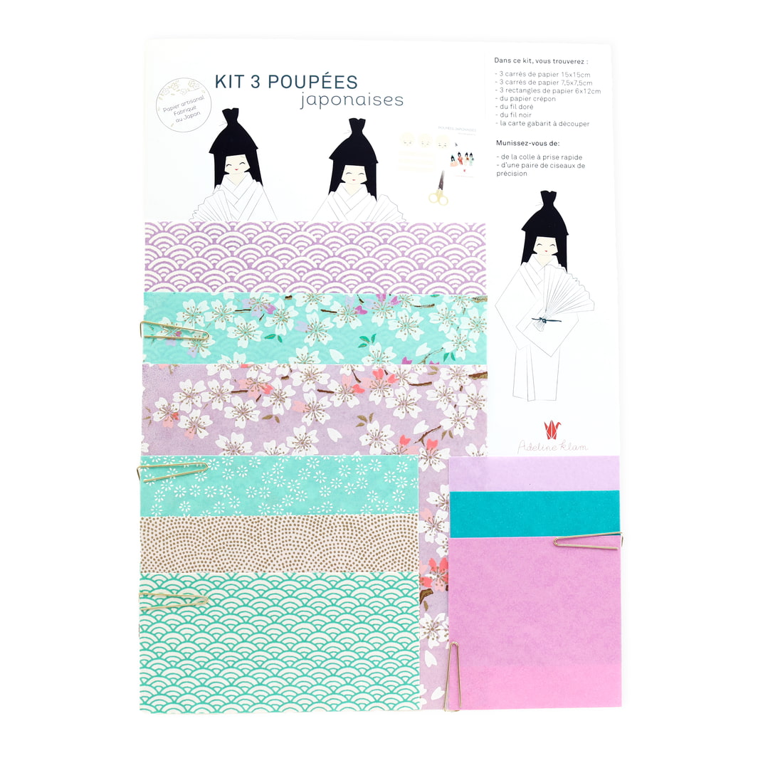photo packshot du packaging du kit poupées japonaises « lilas » dans les tons vert d'eau, roses et violet mauve adeline klam
