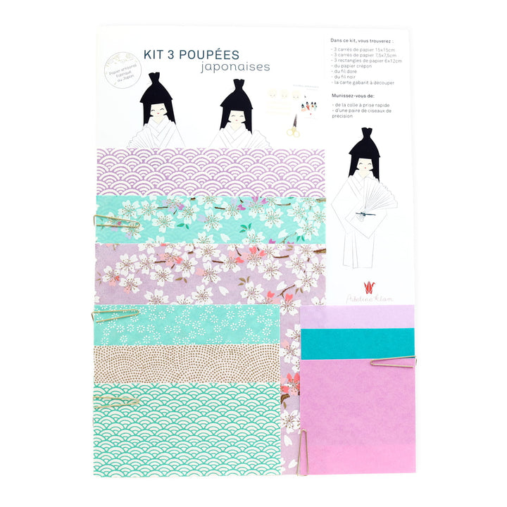 photo packshot du packaging du kit poupées japonaises « lilas » dans les tons vert d'eau, roses et violet mauve adeline klam