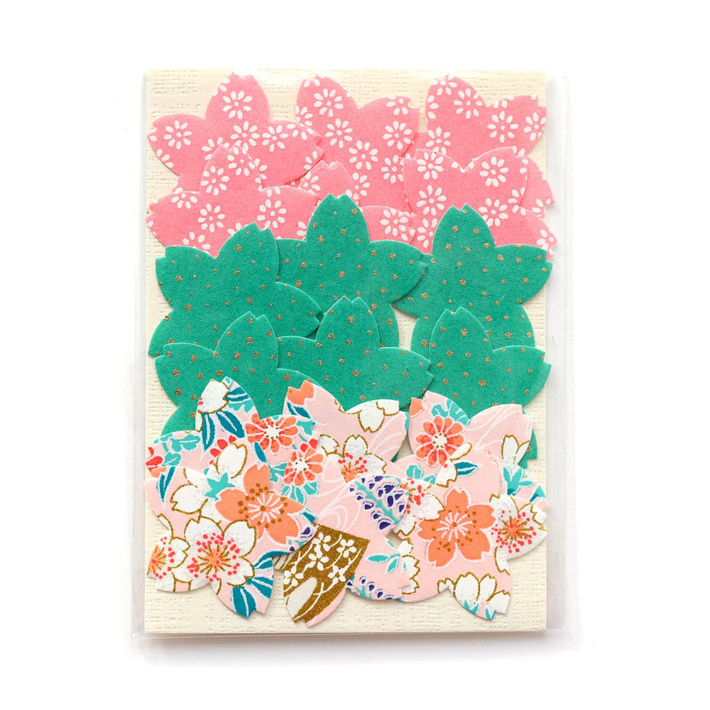photo packshot du packaging du lot de 18 stickers sakura en papier japonais adeline klam dans les tons rose clair et moyen et vert menthe « floraison »