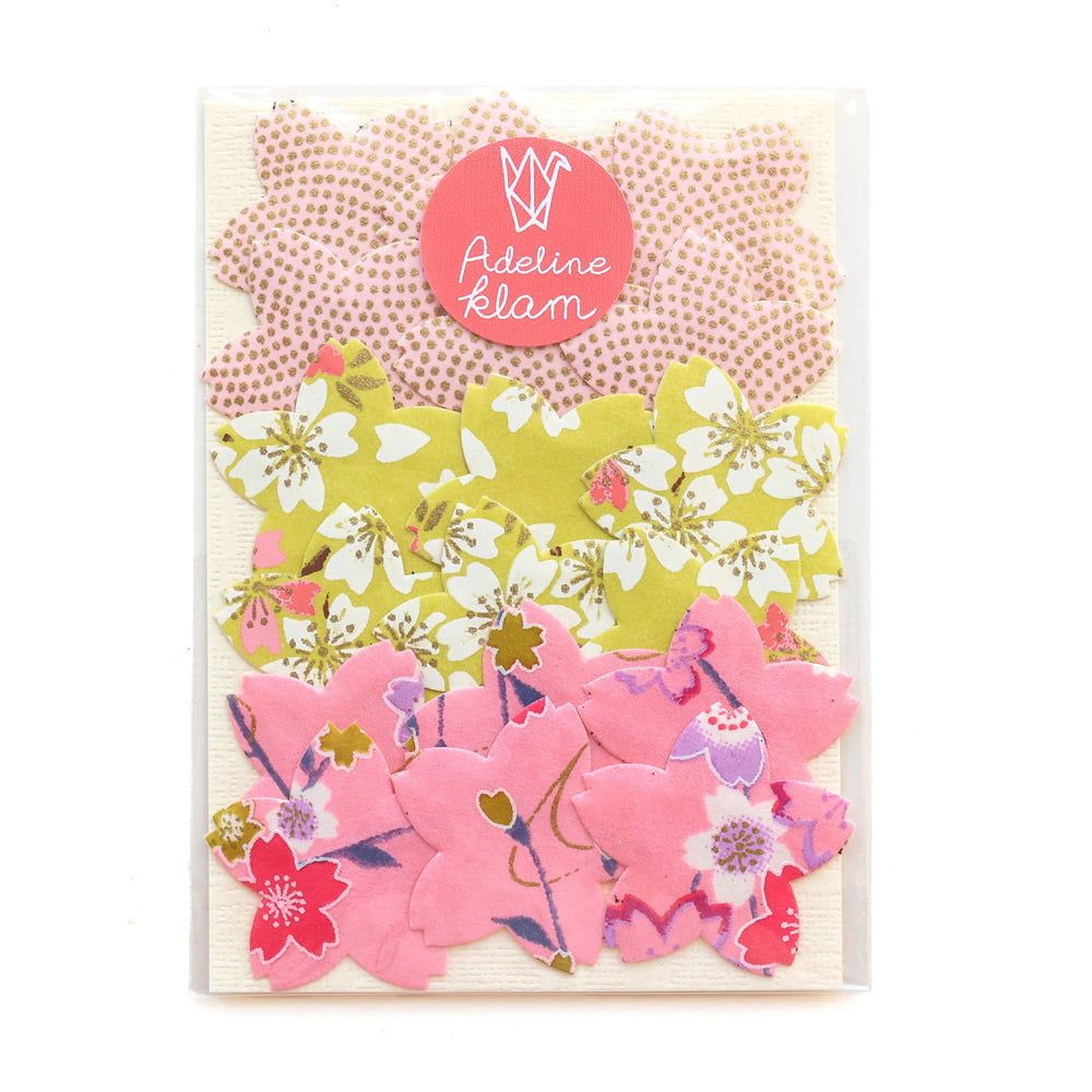 photo packshot du packaging du lot de 18 stickers sakura en papier japonais adeline klam dans les tons rose clair, jaune acidulé et rose moyen « iris »