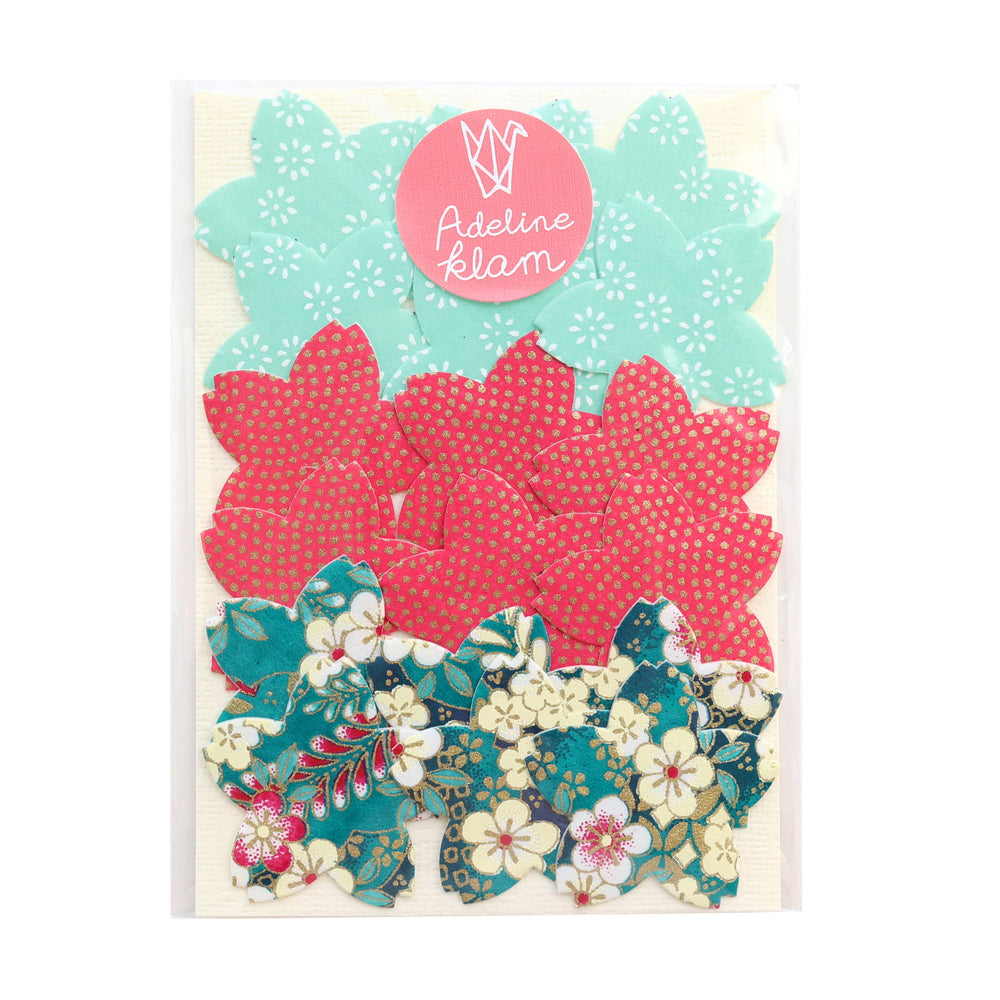photo packshot du packaging du lot de 18 stickers sakura en papier japonais adeline klam dans les tons vert d'eau, rouge rose et bleu canard « hibicus »