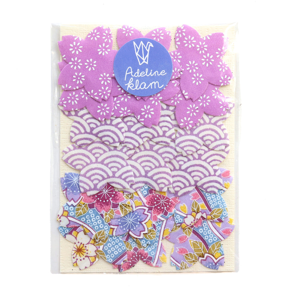photo packshot du packaging du lot de 18 stickers sakura en papier japonais adeline klam dans les tons violet mauve, violet lilas et bleu gris « mauve »