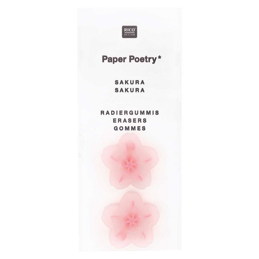 photo packshot du packaging d'un lot de 2 gommes fleurs de cerisier rose clair rico design