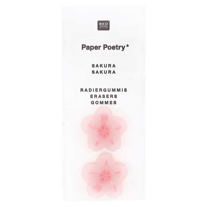 photo packshot du packaging d'un lot de 2 gommes fleurs de cerisier rose clair rico design