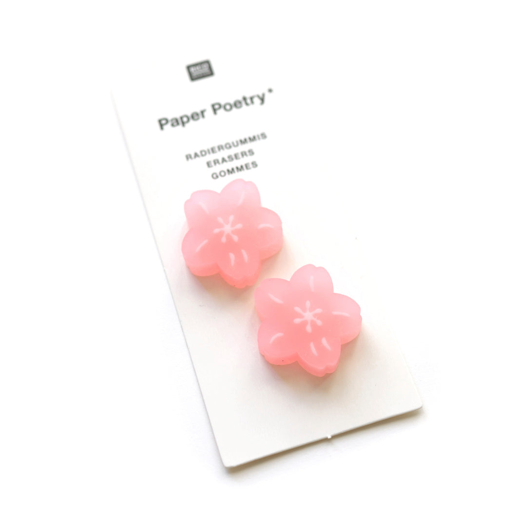 photo packshot du packaging d'un lot de 2 gommes fleurs de cerisier rose clair rico design