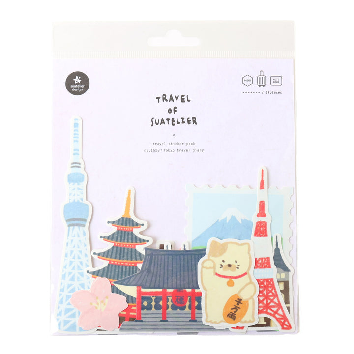 photo packshot du packaging du lot de 28 gros stickers sur le thème « voyage à tokyo » de la marque sueatelier