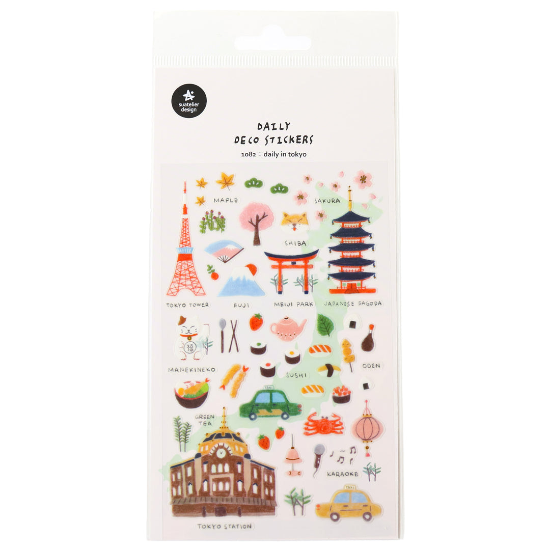 photo packshot de la planche de 65 stickers au thème « tokyo » de la marque sueatelier