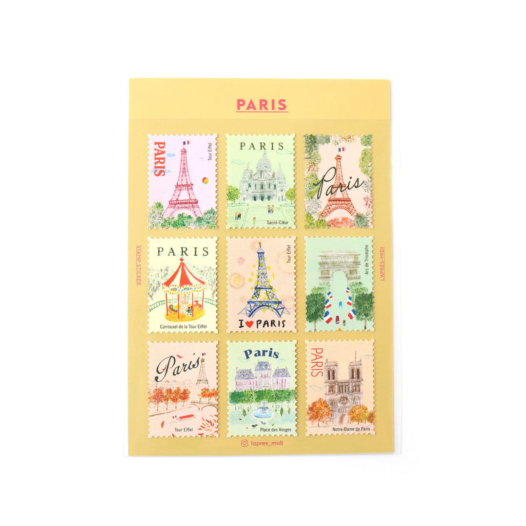photo packshot de la planche de 9 stickers en forme de timbres illustrés sur la ville de paris de la marque pandydaisy