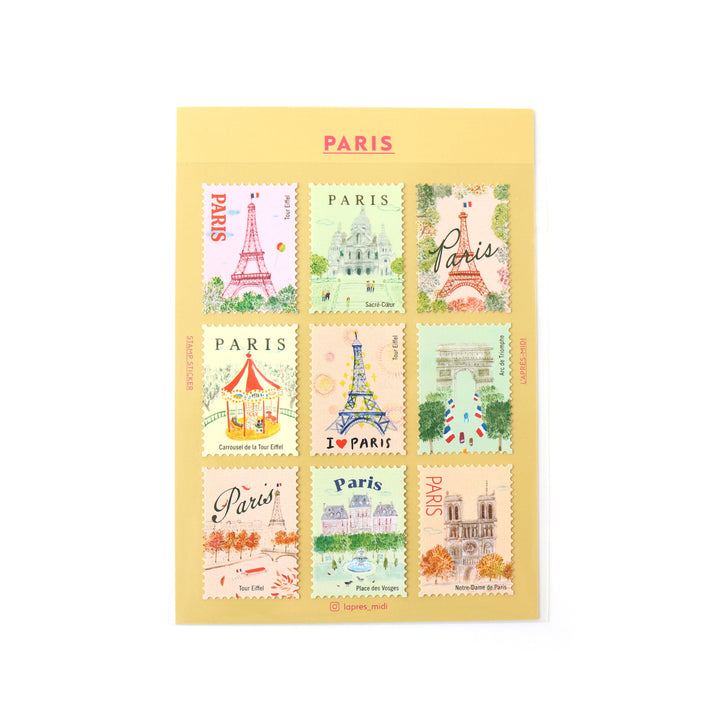 photo packshot de la planche de 9 stickers en forme de timbres illustrés sur la ville de paris de la marque pandydaisy