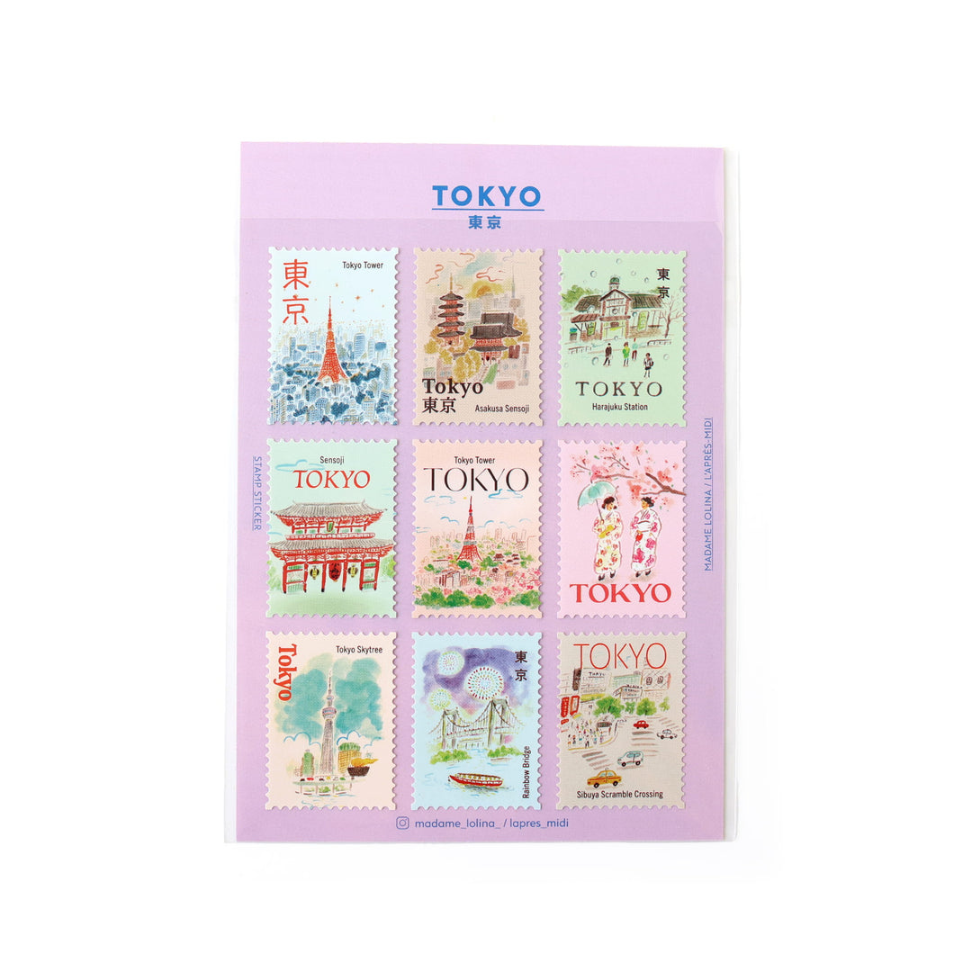 photo packshot de la planche de 9 stickers en forme de timbres illustrés sur la ville de tokyo de la marque pandydaisy