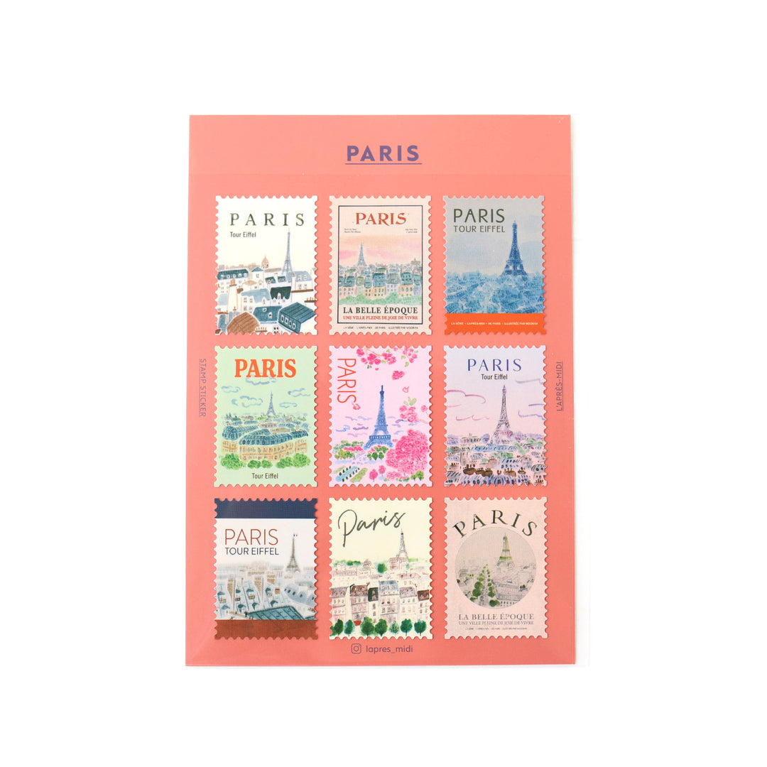 photo packshot de la planche de 9 stickers en forme de timbres illustrés sur la ville de tour eiffel de la marque pandydaisy