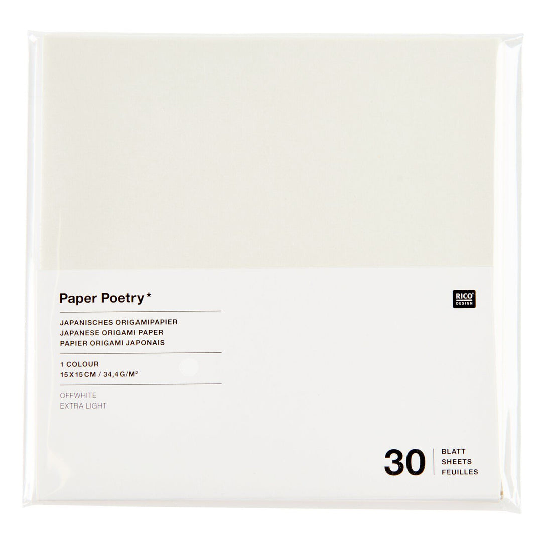 photo packshot du packaging du set de 30 papiers origami unis fins blancs de 15cm par 15cm rico design