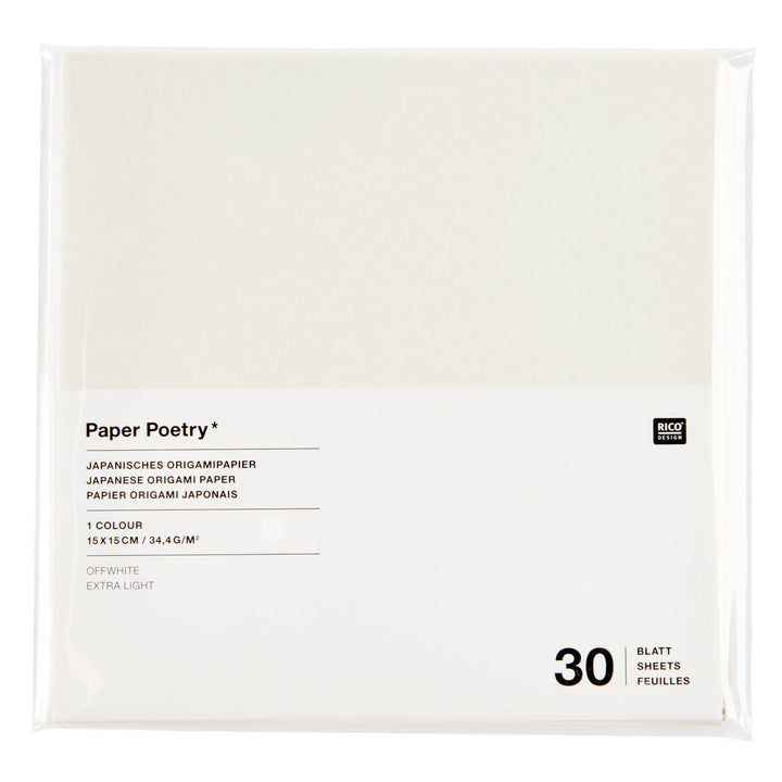 photo packshot du packaging du set de 30 papiers origami unis fins blancs de 15cm par 15cm rico design