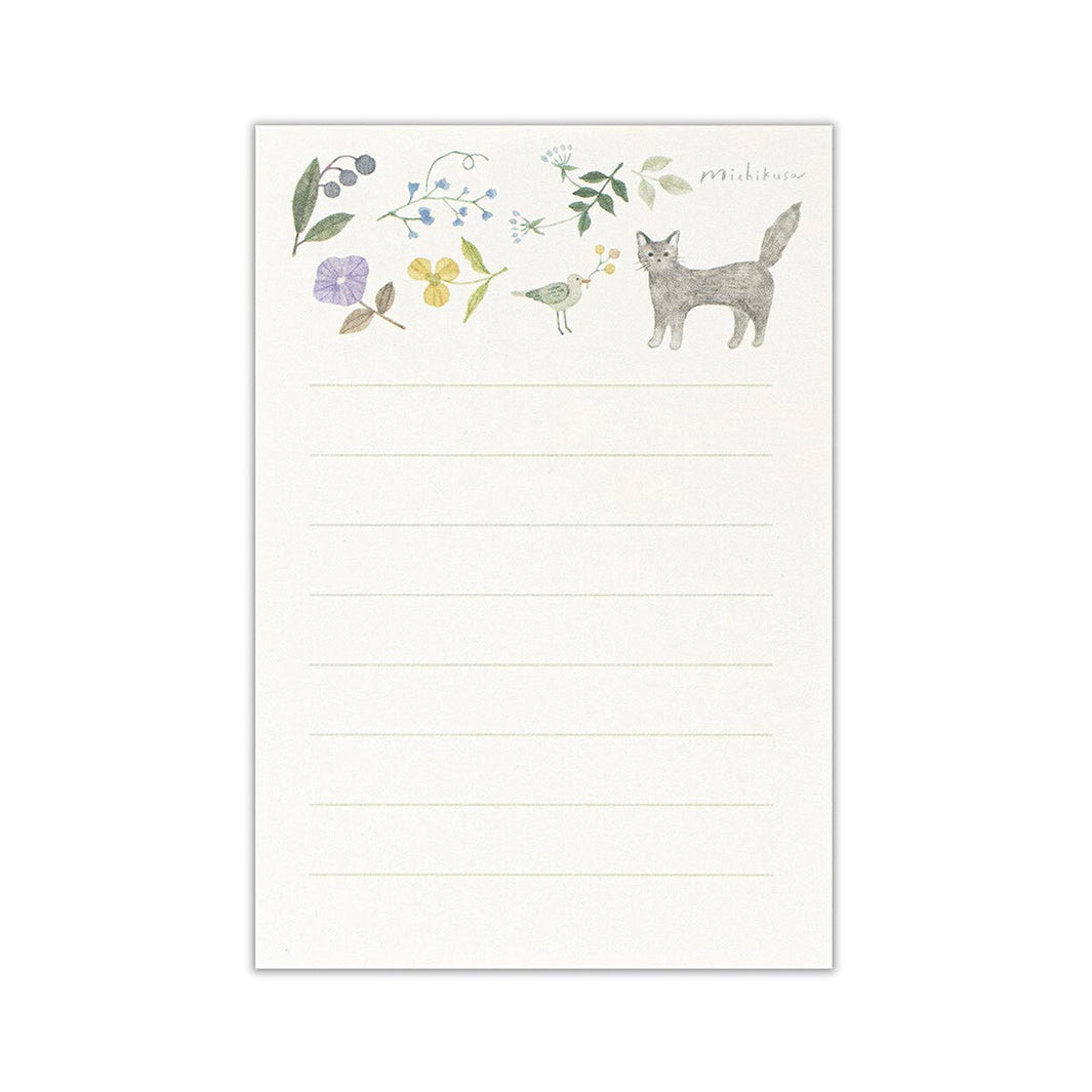 photo packshot du papier à lettre du mini set de 10 papiers à lettre et 5 enveloppes verts aux motifs de chat, d'oiseau et de fleurs de nb bo., ltd. japan