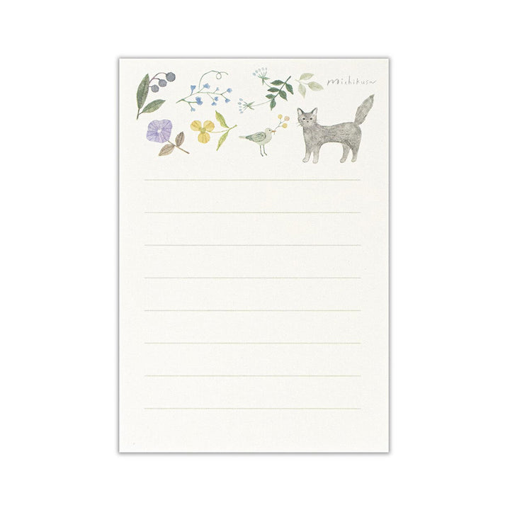 photo packshot du papier à lettre du mini set de 10 papiers à lettre et 5 enveloppes verts aux motifs de chat, d'oiseau et de fleurs de nb bo., ltd. japan