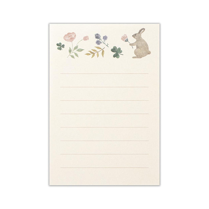 photo packshot du papier à lettre du mini set de 10 papiers à lettre et 5 enveloppes roses aux motifs de lapin, de trèfle et de fleurs de nb bo., ltd. japan