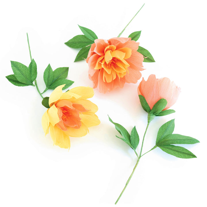 photo packshot des pivoines réalisées posées à plat du kit bouquet de pivoine jaune, orange, saumon et vert adeline klam