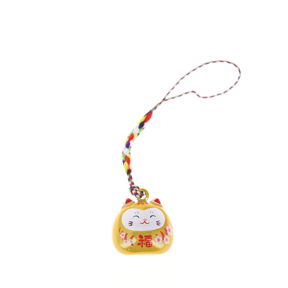 photo packshot d'un porte-clefs en forme de daruma et de chat de couleur jaune nacré