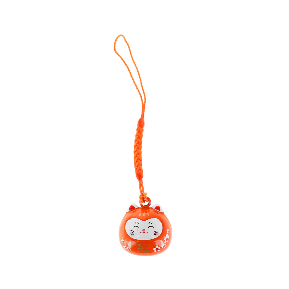 photo packshot d'un porte-clefs en forme de daruma et de chat de couleur orange