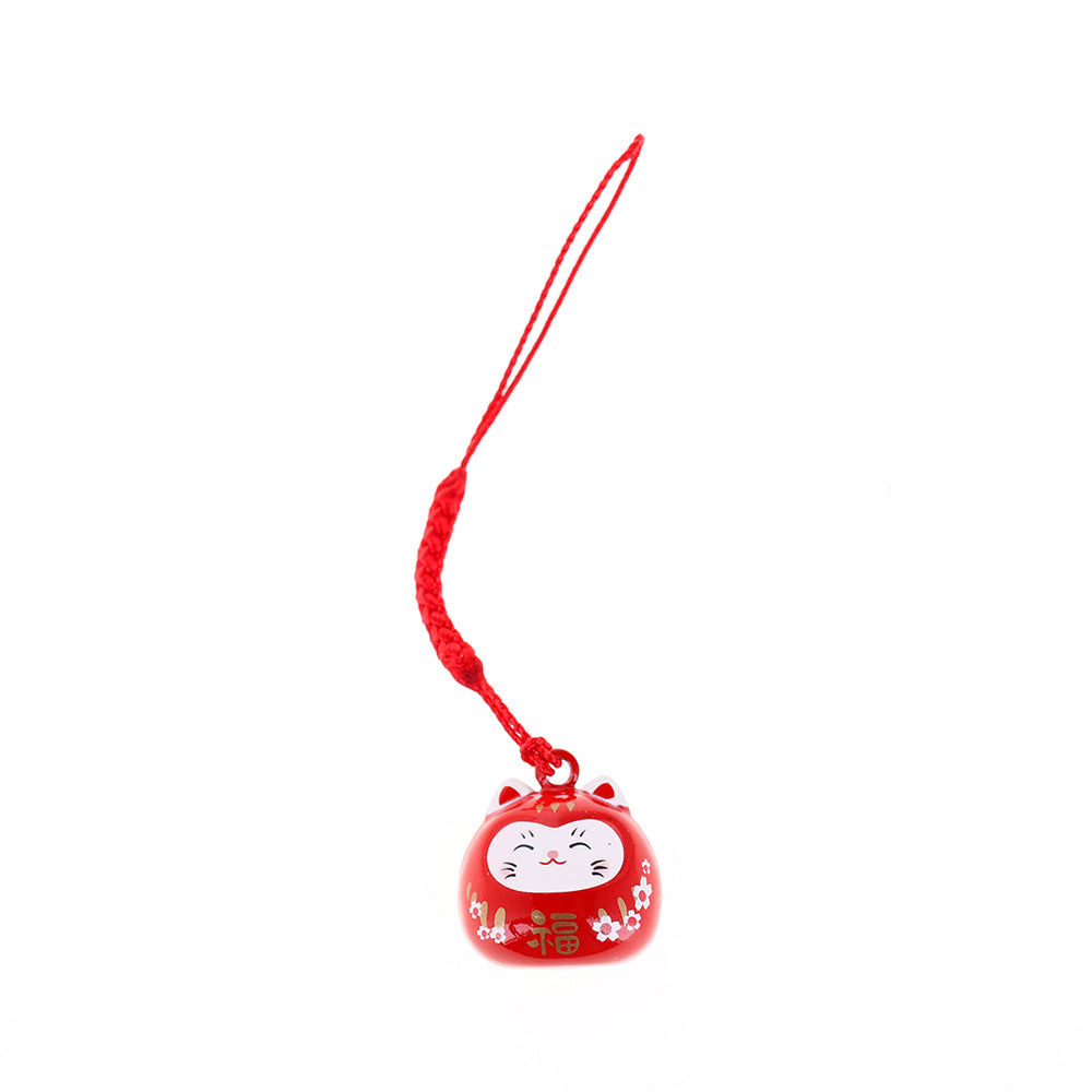 photo packshot d'un porte-clefs en forme de daruma et de chat de couleur rouge