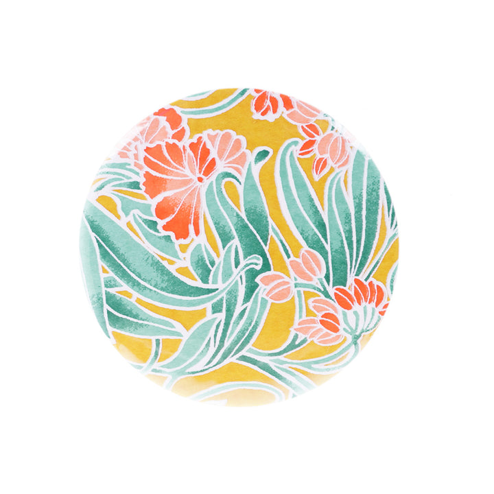Miroir de Poche en Papier Japonais - Fleurs Art Nouveau - Jaune Moutarde, Vert d'Eau et Corail - M987