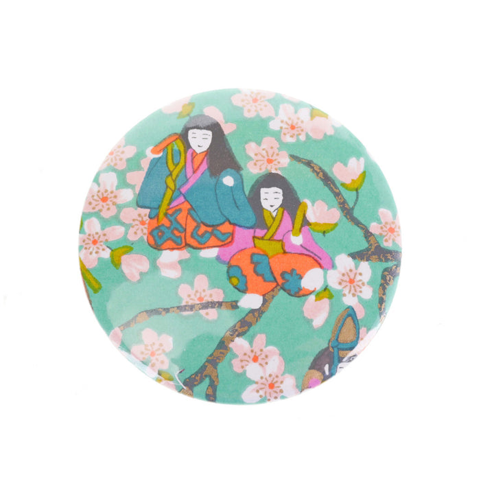 Miroir de Poche en Papier Japonais -  Poupées Hina Matsuri et Fleurs de Pêcher - Vert Menthe, Rose Mauve, Orange Clair, Vert Acidulé et Bleu - M1004