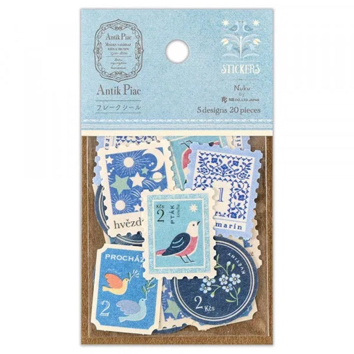 photo packshot recto du packaging du lot de 20 stickers en forme de timbres vintages bleus de nb bo., ltd. japan