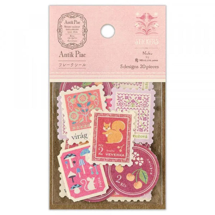 photo packshot recto du packaging du lot de 20 stickers en forme de timbres vintages roses de nb bo., ltd. japan