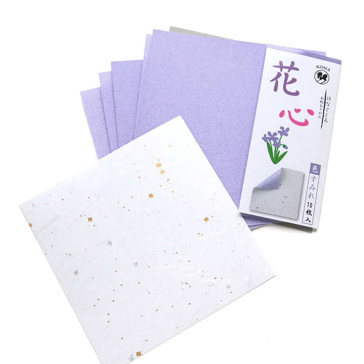 photo packshot du recto et du verso des papiers du set de 30 papiers origami unis texturés façon unryu et bicolore violet de 15cm par 15cm koma