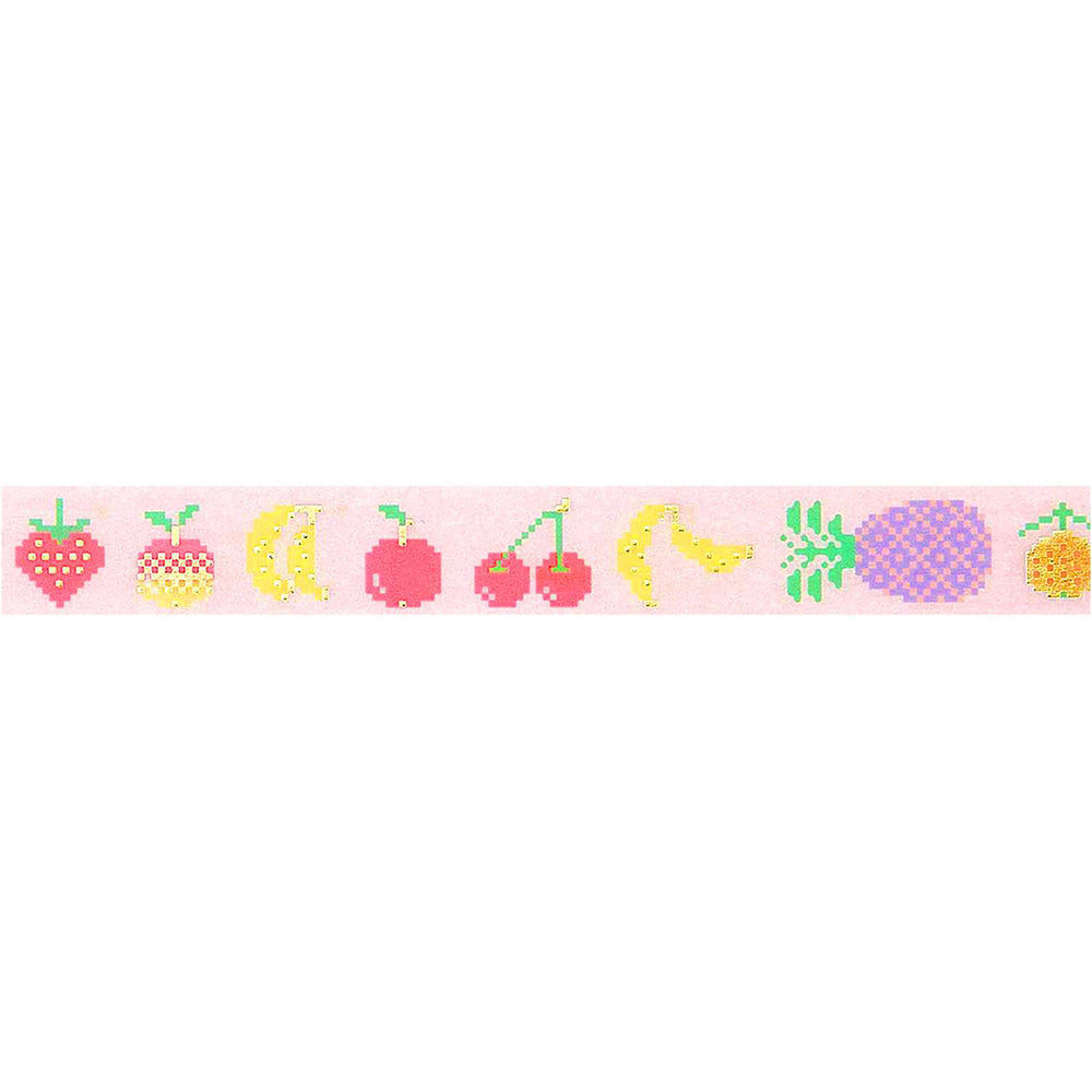 photo packshot du ruban adhésif décoratif déroulé aux motifs de multifruits pixellisés roses, jaunes, verts et dorés de la marque rico design