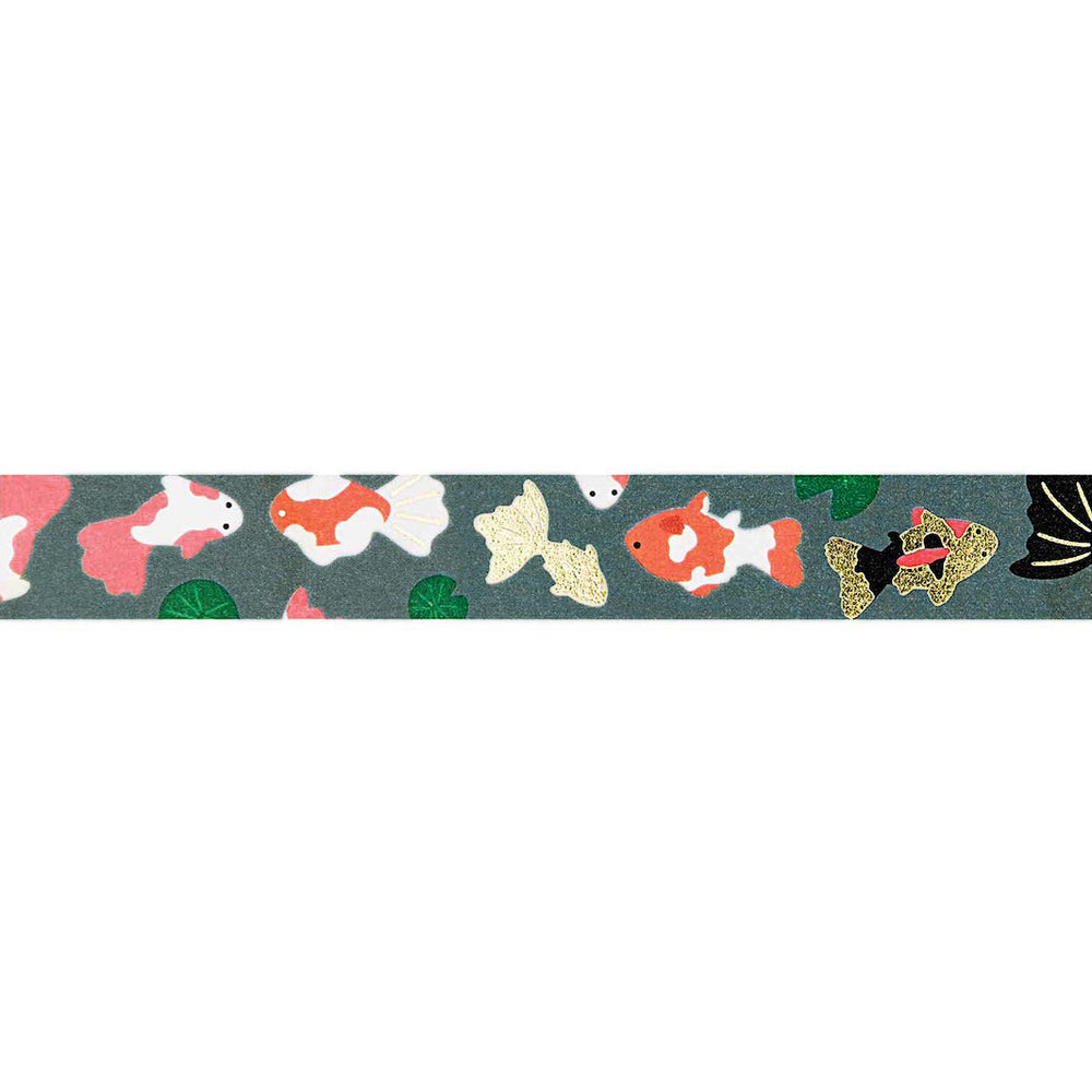 photo packshot du rouleau déroulé du ruban adhésif décoratif aux motifs de poissons japonais dans les tons gris, noirs, blancs, rouges et roses de la marque rico design