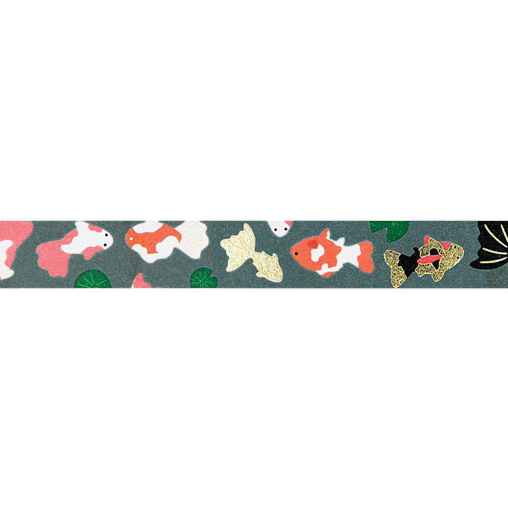 photo packshot du rouleau déroulé du ruban adhésif décoratif aux motifs de poissons japonais dans les tons gris, noirs, blancs, rouges et roses de la marque rico design
