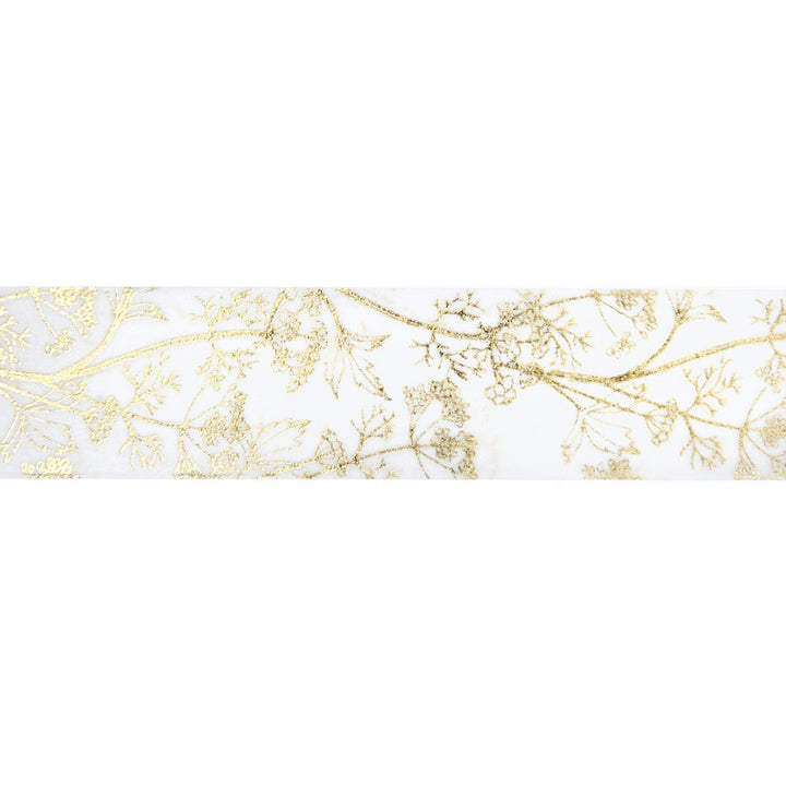 photo packshot du rouleau déroulé du ruban adhésif décoratif aux motifs de fleurs d'angélique dorées sur fond blanc de la marque rico design