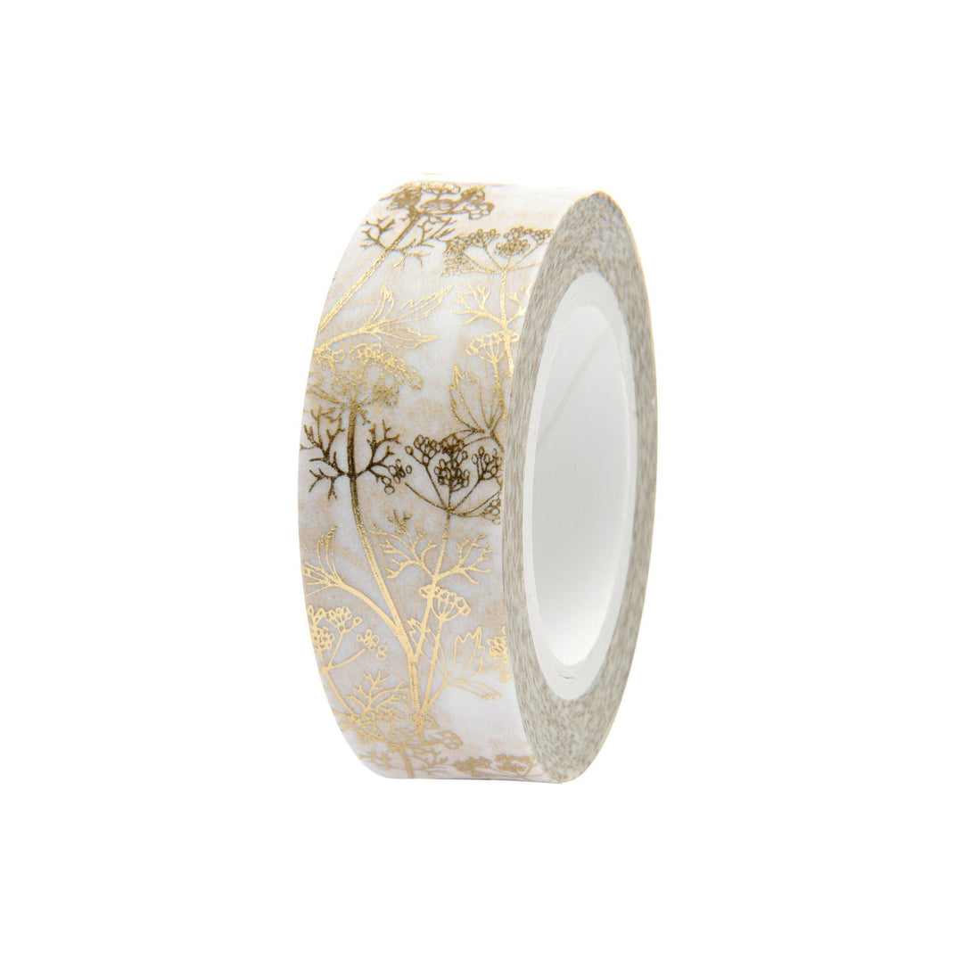 photo packshot du rouleau du ruban adhésif décoratif aux motifs de fleurs d'angélique dorées sur fond blanc de la marque rico design