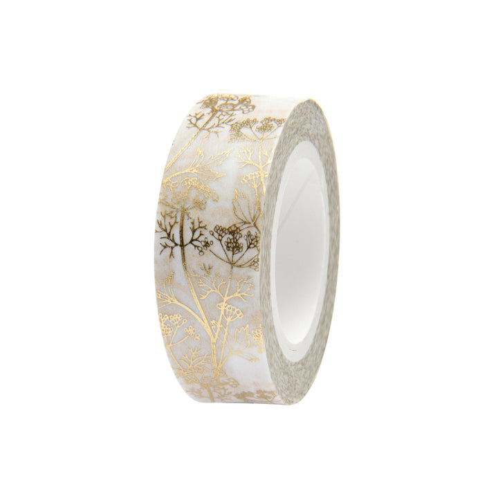 photo packshot du rouleau du ruban adhésif décoratif aux motifs de fleurs d'angélique dorées sur fond blanc de la marque rico design