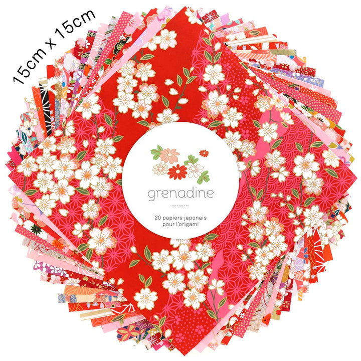 photo packshot du set de 20 carrés de papiers japonais adeline klam de 15cm par 15cm dans les tons rouge, rouge orangé, corail et roses « grenadine »
