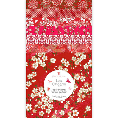photo packshot du set de 7 carrés de papiers japonais adeline klam de 15cm par 15cm dans les tons rouges, rouge orange et corail « passion » N6 adeline klam