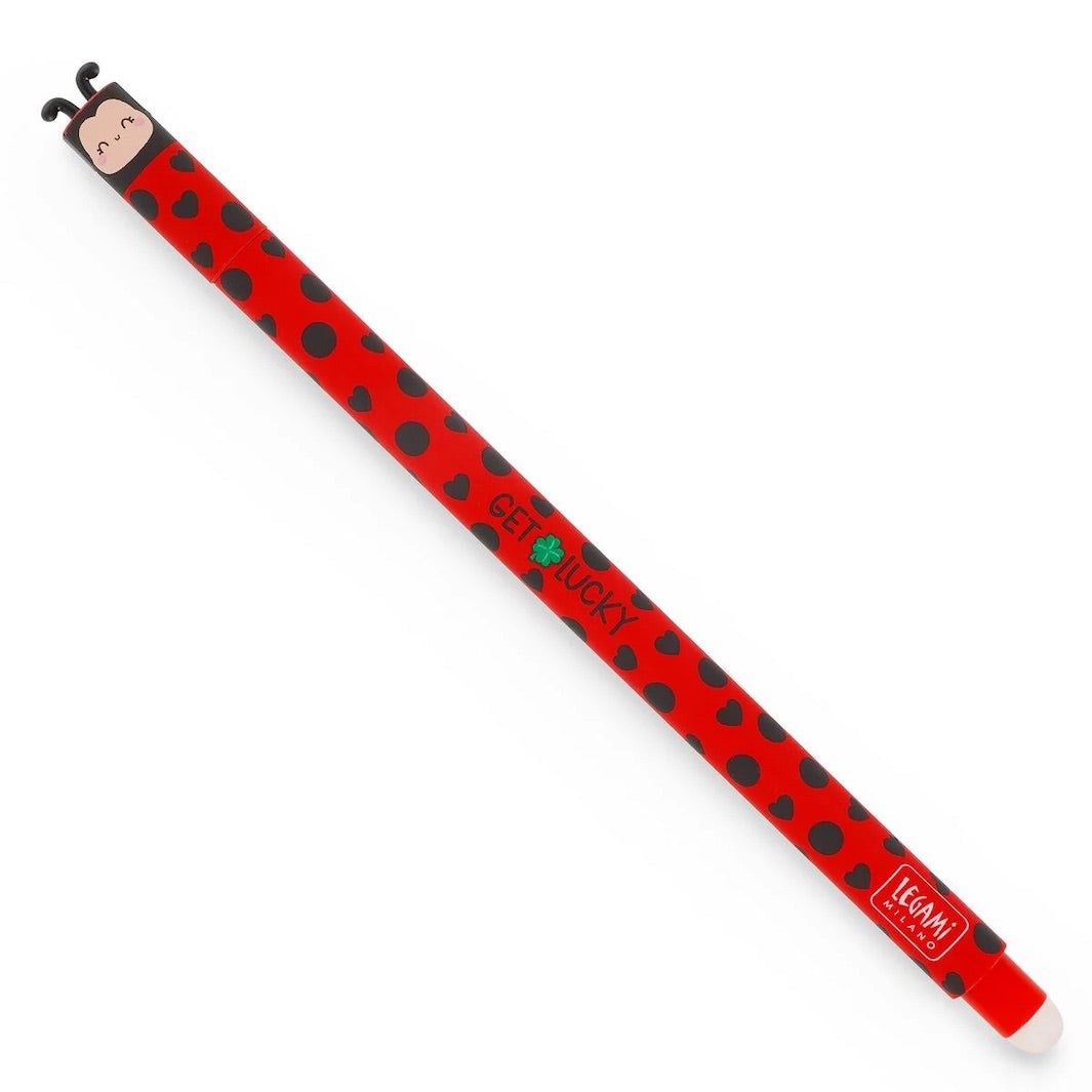 photo packshot du stylo gel effaçable en forme de coccinelle rouge et noire à l'encre rouge et à la pointe 0,7mm legami