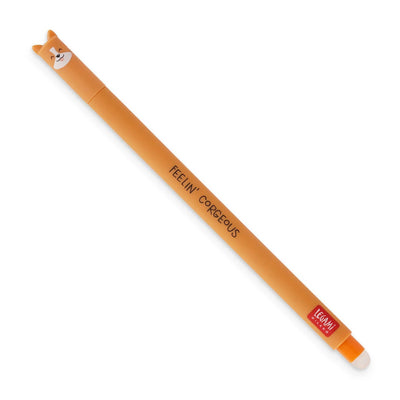 photo packshot du stylo gel effaçable en forme de welsh corgi orange à l'encre noire et à la pointe 0,7mm legami