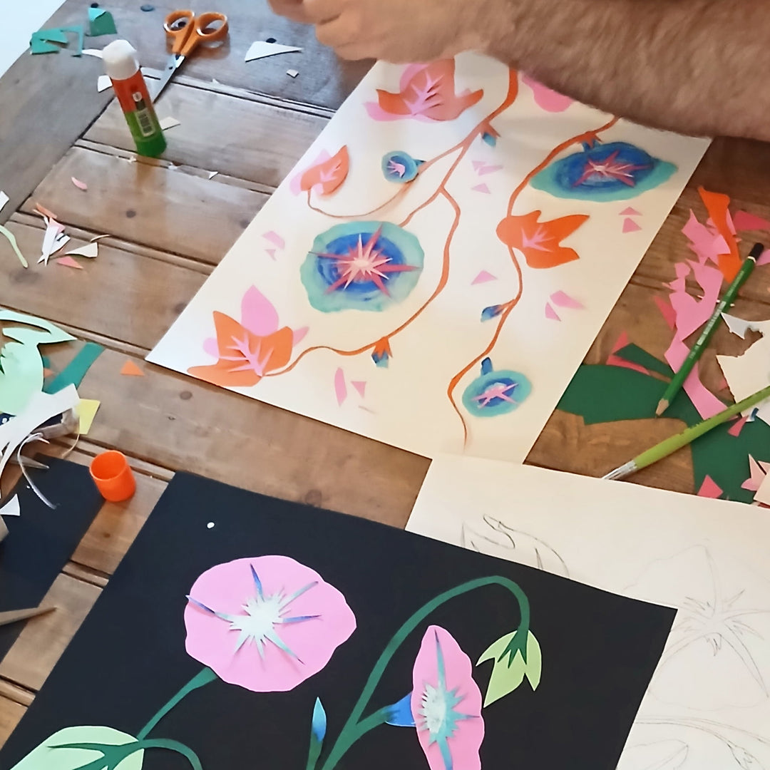 photo packshot d'ipomées de la table de travail de l'atelier de papier découpée « ipomée » avec sande thommen (octobre 2026)