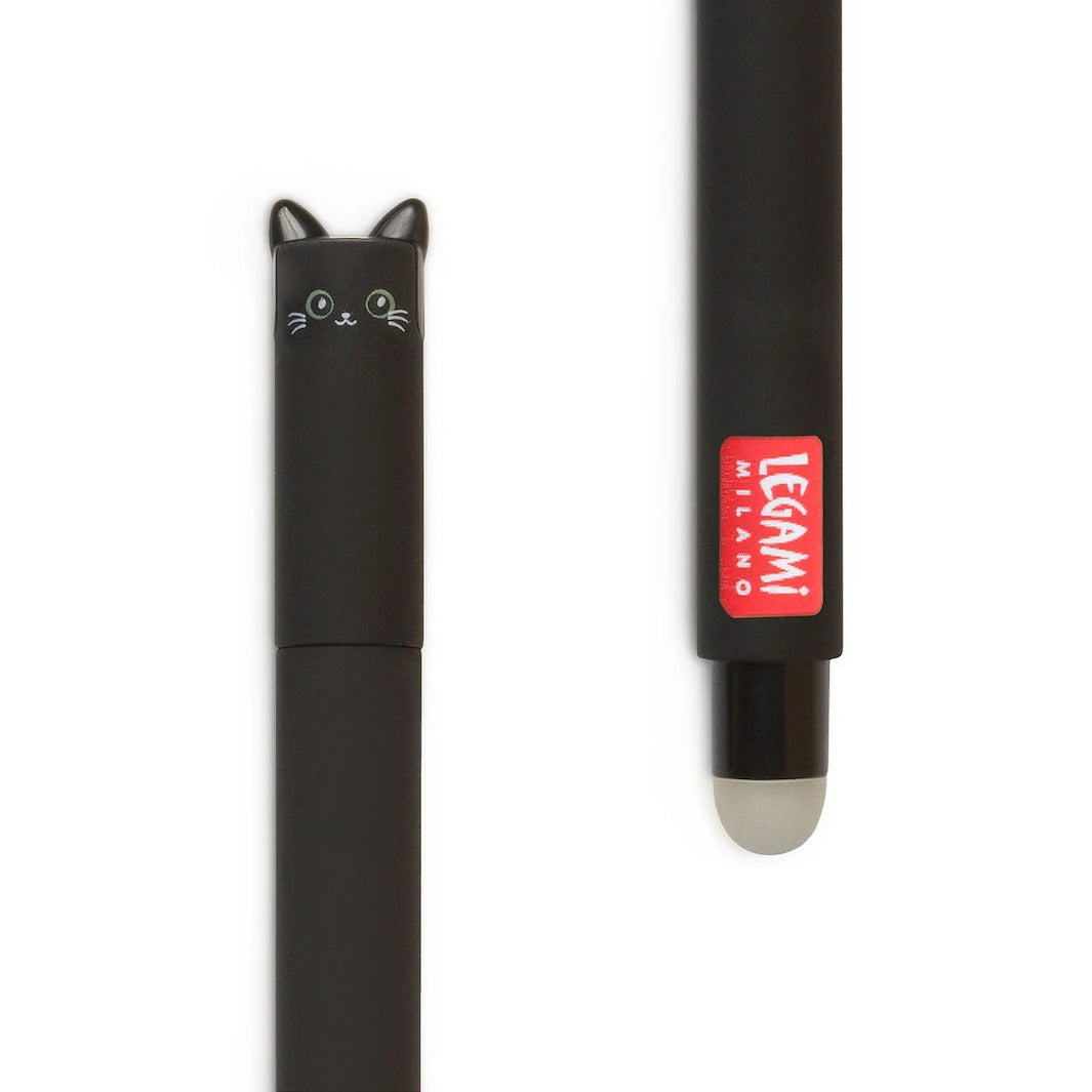 photo packshot zoomée du stylo gel effaçable en forme de chat noir à l'encre noire et à la pointe 0,7mm legami