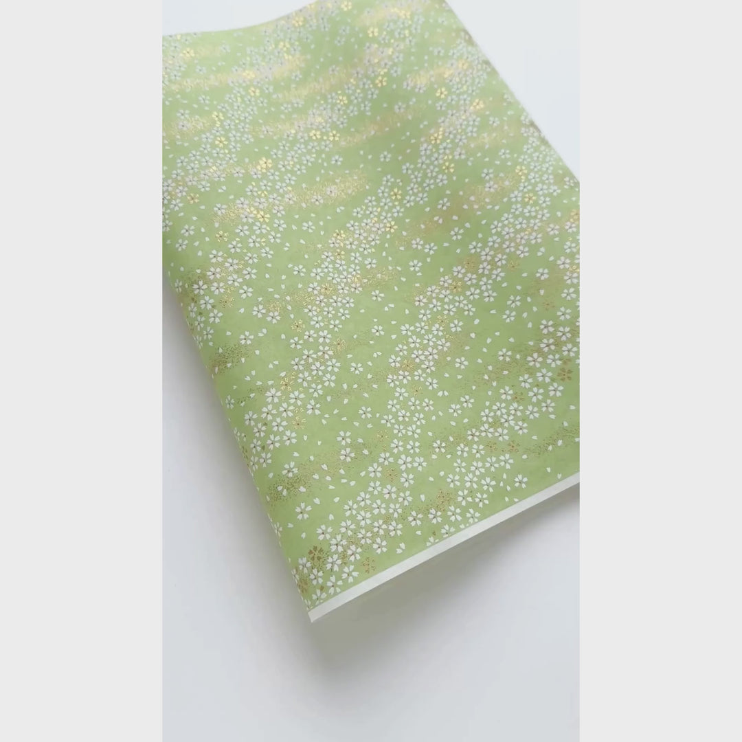 vidéo de démonstration du papier japonais yuzen chiyogami au motif de petits fleurs blanches au vent sur fond vert amande adeline klam (M984)