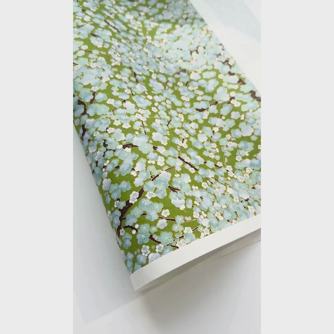 vidéo de démonstration du papier japonais yuzen chiyogami aux motifs de fleurs de prunier dans les tons vert moyen, bleu ciel et turquoise adeline klam (M449)