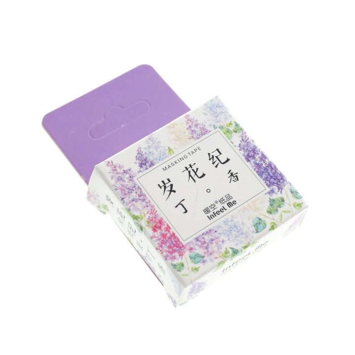 packaging d'un ruban adhésif fantaisie aux motifs de lilas roses, mauves et violet